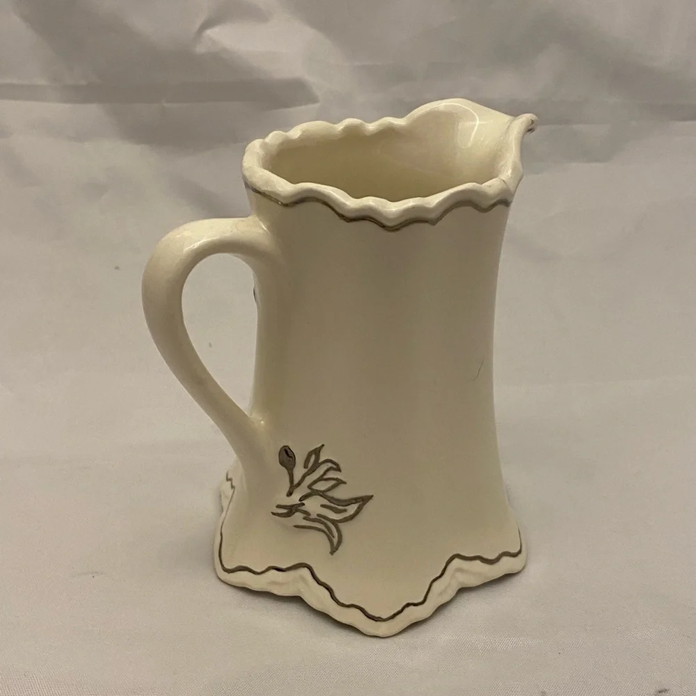 Small Pitcher Hand-painted Silver-trimmed Ivory, Ceramic, Vintage